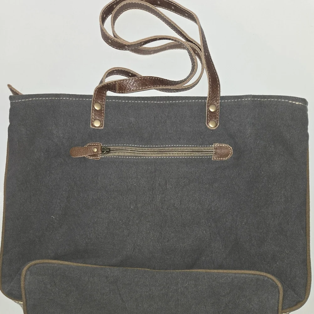 MYRA Bicycle Print Canvas/ Leather Tote Bag S-0935 18" X 13"  12"handles - Picture 7 of 15